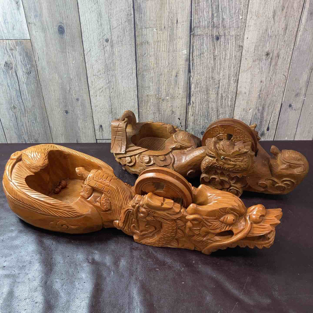 【中古品】木彫り 龍亀鶴 墨つぼ 約600mm×約210mm 500mm×210mm 計2点【東大和店】