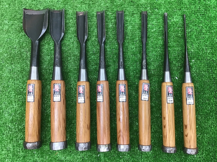 正道　木彫り　深外丸　鑿　8本組　3,6,9,12,15,18,24,42mm 保管品・錆有【富山店】♪Y5
