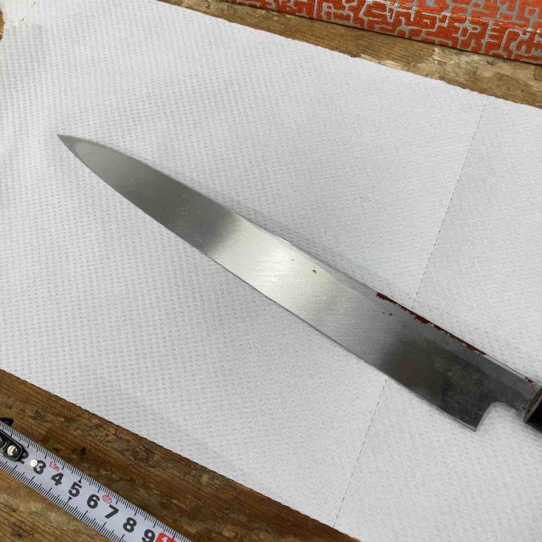 【中古美品】堺金重刃物 柳刃包丁 刃長300mm 水牛柄 本カスミ研 未使用 サビあり【柏店】