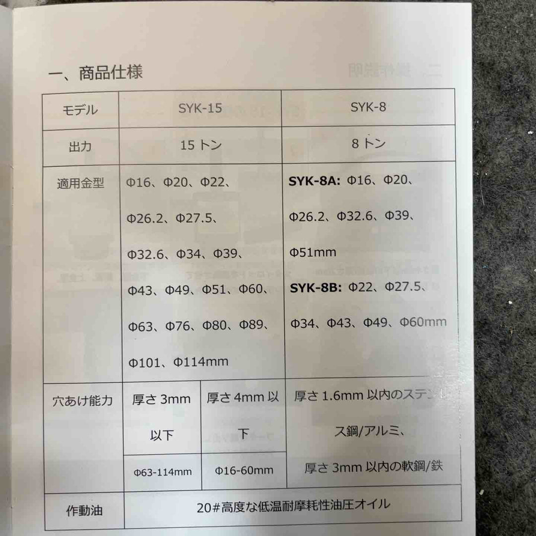 Bonvoisin 油圧パンチャー 手動穴あけパンチ 15トン  SYK-15A【桶川店】