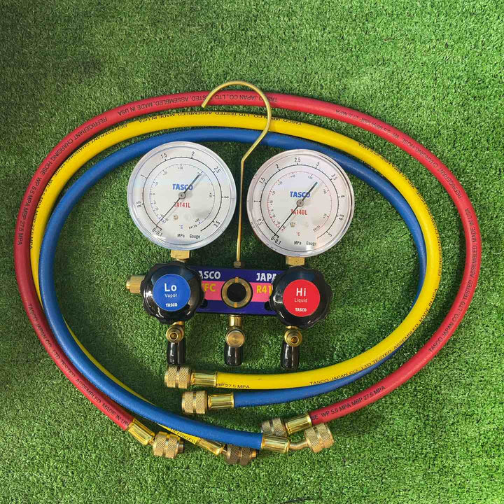 【美品】◇タスコ(TASCO) 真空ポンプ TA150XA ゲージマニホールド、TA142VK 真空ゲージキット、TA159PA 逆流防止真空ポンプアダプタ付【岩槻店】