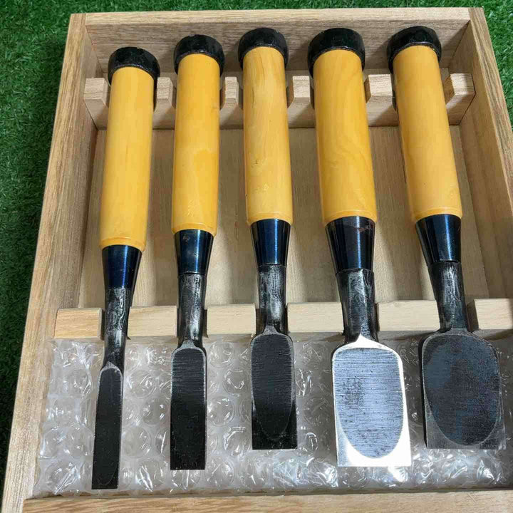 【未使用品】 藤吉郎 墨流しミニ鑿 ミニ木彫のみ ツゲ柄付き 5本組 桐箱入り【藤沢店】