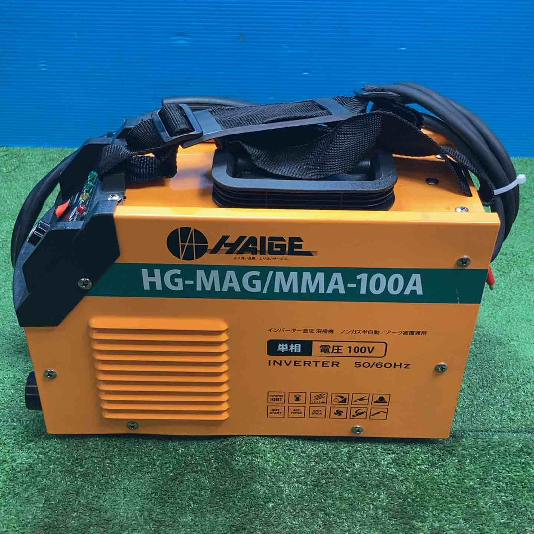 ◇HAIGE(ハイガー) 半自動溶接機 HG-MAG/MMA-100A トーチノズル・溶接ホルダーコード・アースコード付き　7.1㎏【岩槻店】