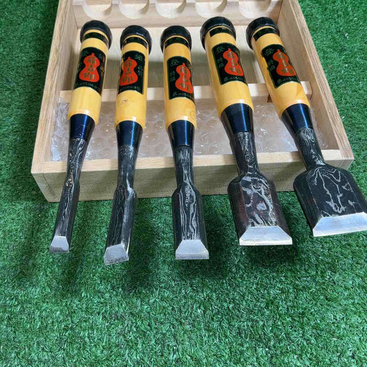 【未使用品】 藤吉郎 墨流しミニ鑿 ミニ木彫のみ ツゲ柄付き 5本組 桐箱入り【藤沢店】