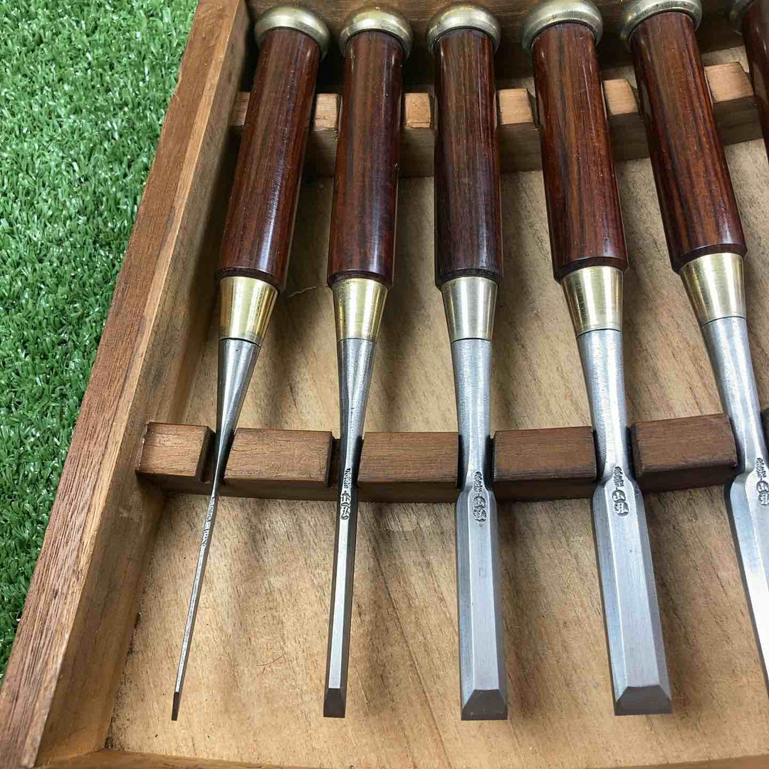 【長期保管品】鑿 紫檀柄鑿 銘：山弘 16本組【川崎店】