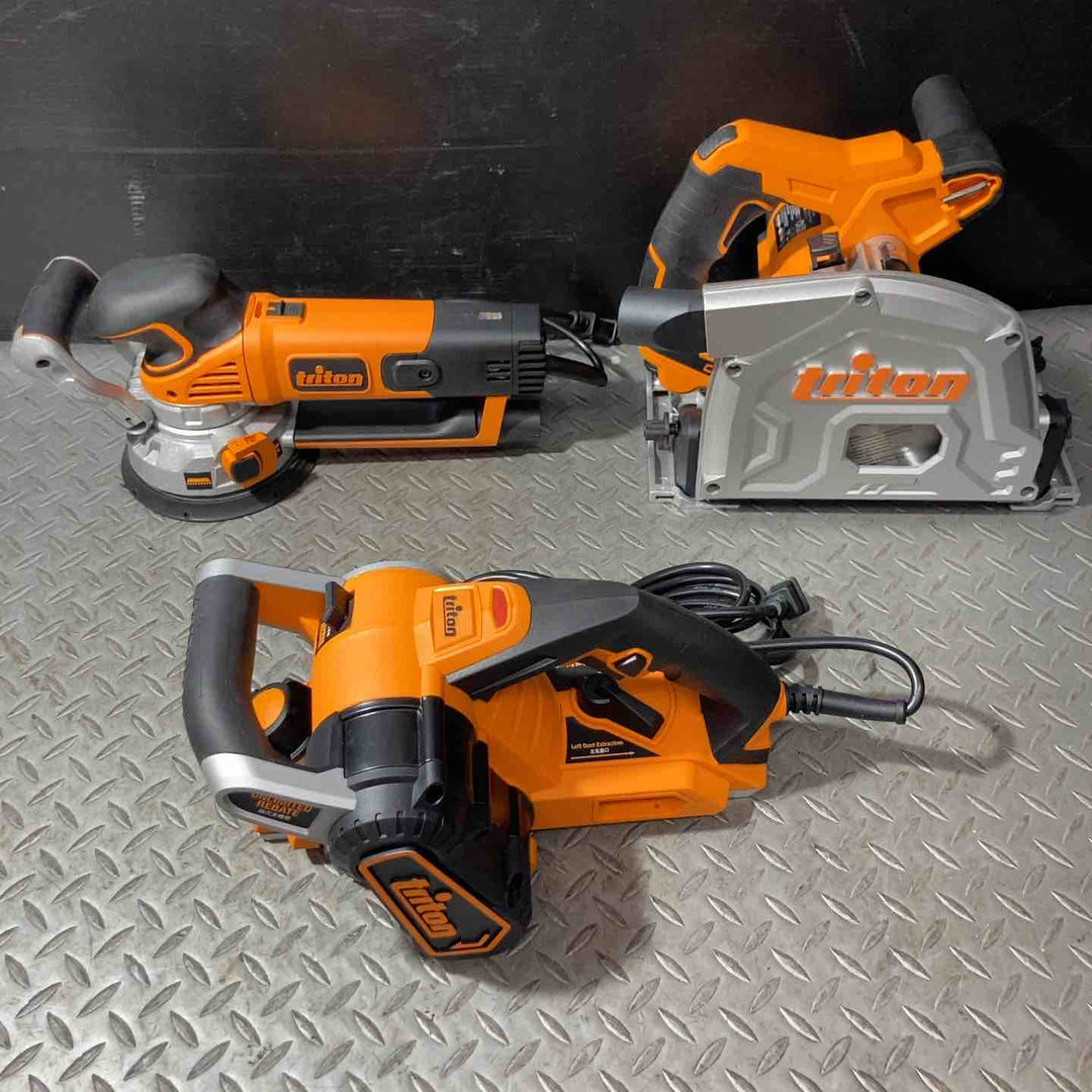 Triton ギヤードオービタルサンダー TGEOS Triton プランジトラックソー TTS1400 Triton トライトン 2in1 電気 カンナ TRPUL HSS製カンナ刃3枚付 計3点まとめ 【草加店】