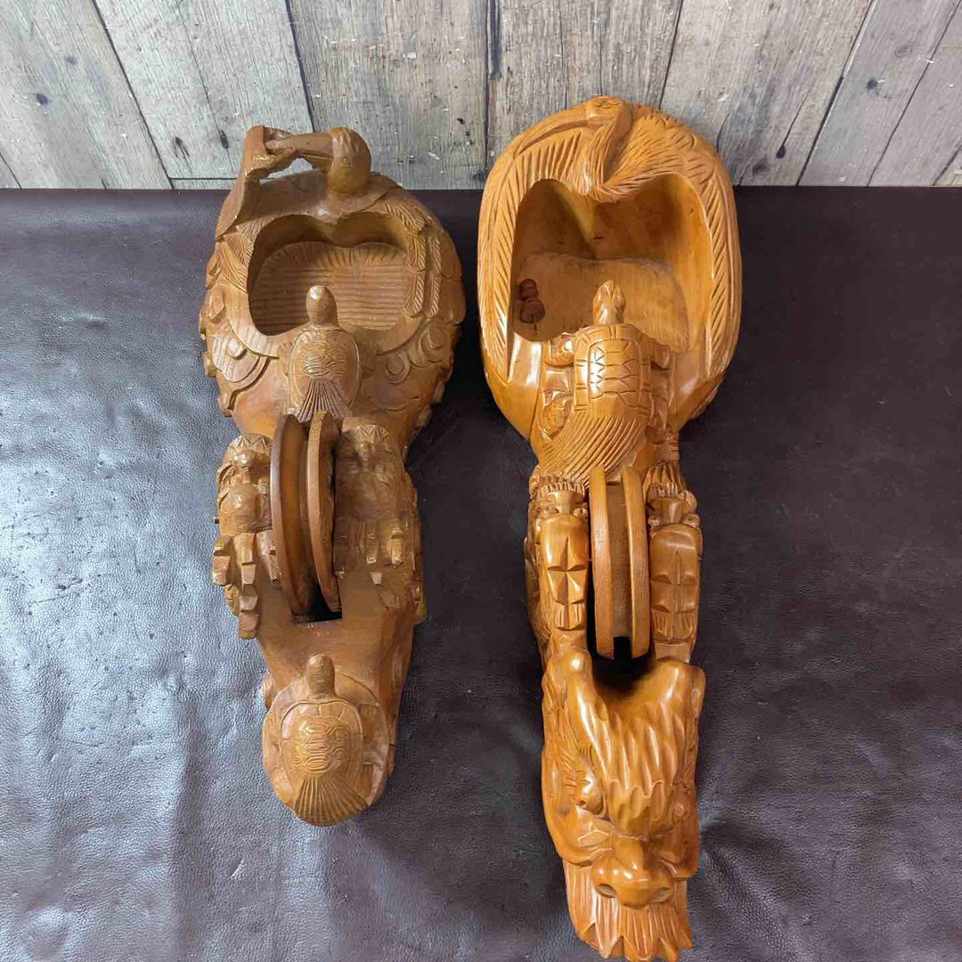 【中古品】木彫り 龍亀鶴 墨つぼ 約600mm×約210mm 500mm×210mm 計2点【東大和店】
