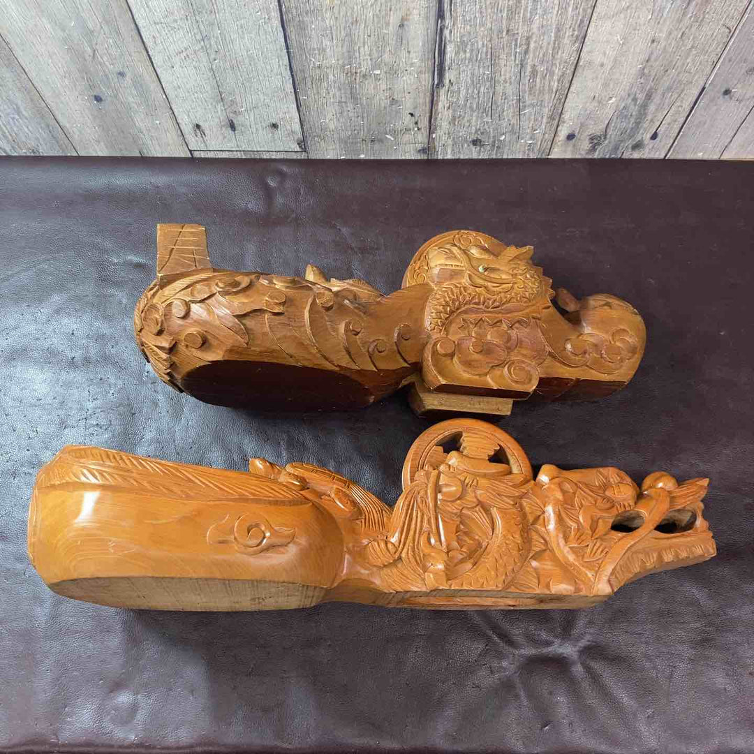 【中古品】木彫り 龍亀鶴 墨つぼ 約600mm×約210mm 500mm×210mm 計2点【東大和店】