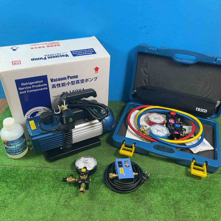 【美品】◇タスコ(TASCO) 真空ポンプ TA150XA ゲージマニホールド、TA142VK 真空ゲージキット、TA159PA 逆流防止真空ポンプアダプタ付【岩槻店】