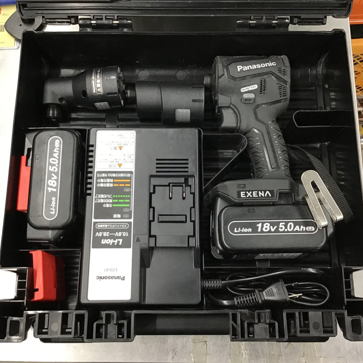 〇パナソニック 充電インパクトドライバー EZ1PD1 +BRAIN 18V5.0Ahバッテリー2個 アタッチメント付 EXENA Pシリーズ ブラック EZ1PD1J18A1B【戸田店】