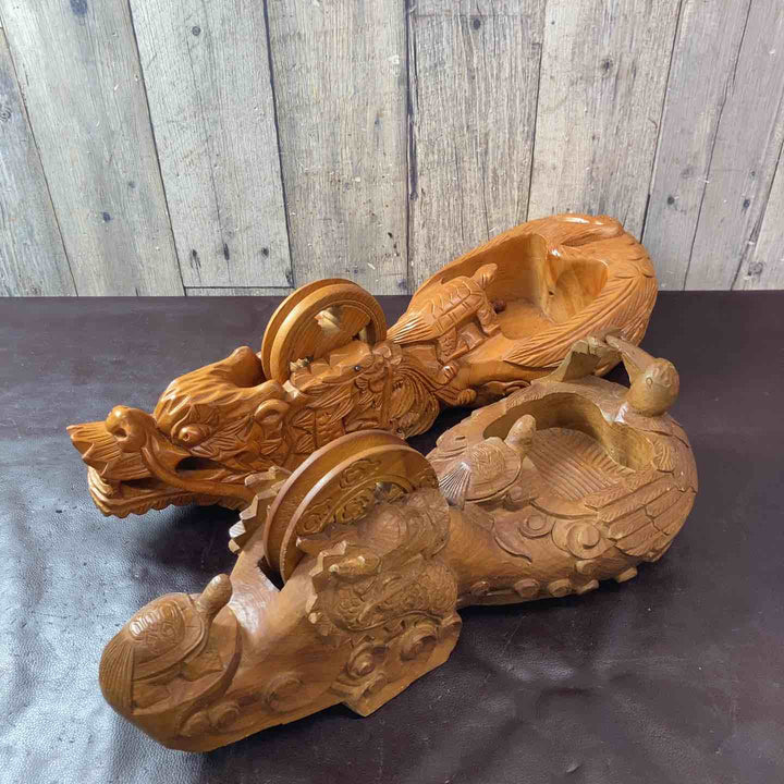 【中古品】木彫り 龍亀鶴 墨つぼ 約600mm×約210mm 500mm×210mm 計2点【東大和店】