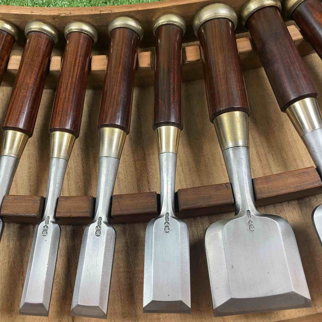 【長期保管品】鑿 紫檀柄鑿 銘：山弘 16本組【川崎店】