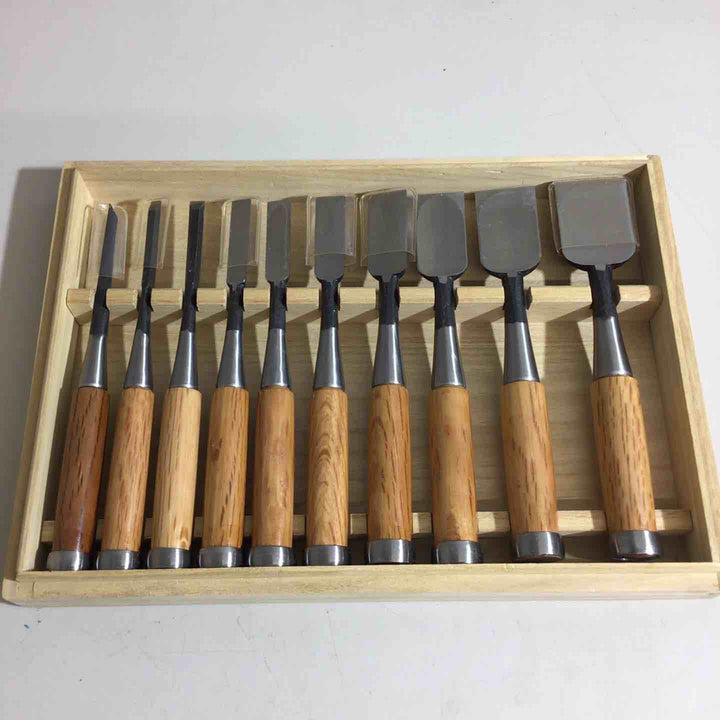 新光弘 追入のみ10本組(ヤスキ鋼)赤樫柄 木箱入▼鑿・鉋・大工道具 他 のみ ノミ【戸田店】