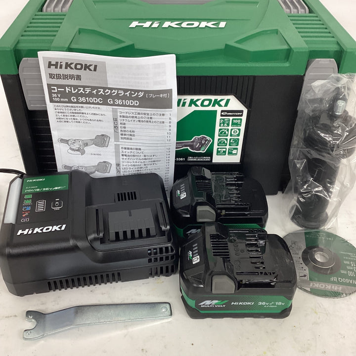 ◇HiKOKI(ハイコーキ) 36V 充電式 ディスクグラインダ G3610DC ブラック トイシ径100mm スライドスイッチ 蓄電池2個・充電器・ケース付 G3610DC(2XPBZ)【狭山】