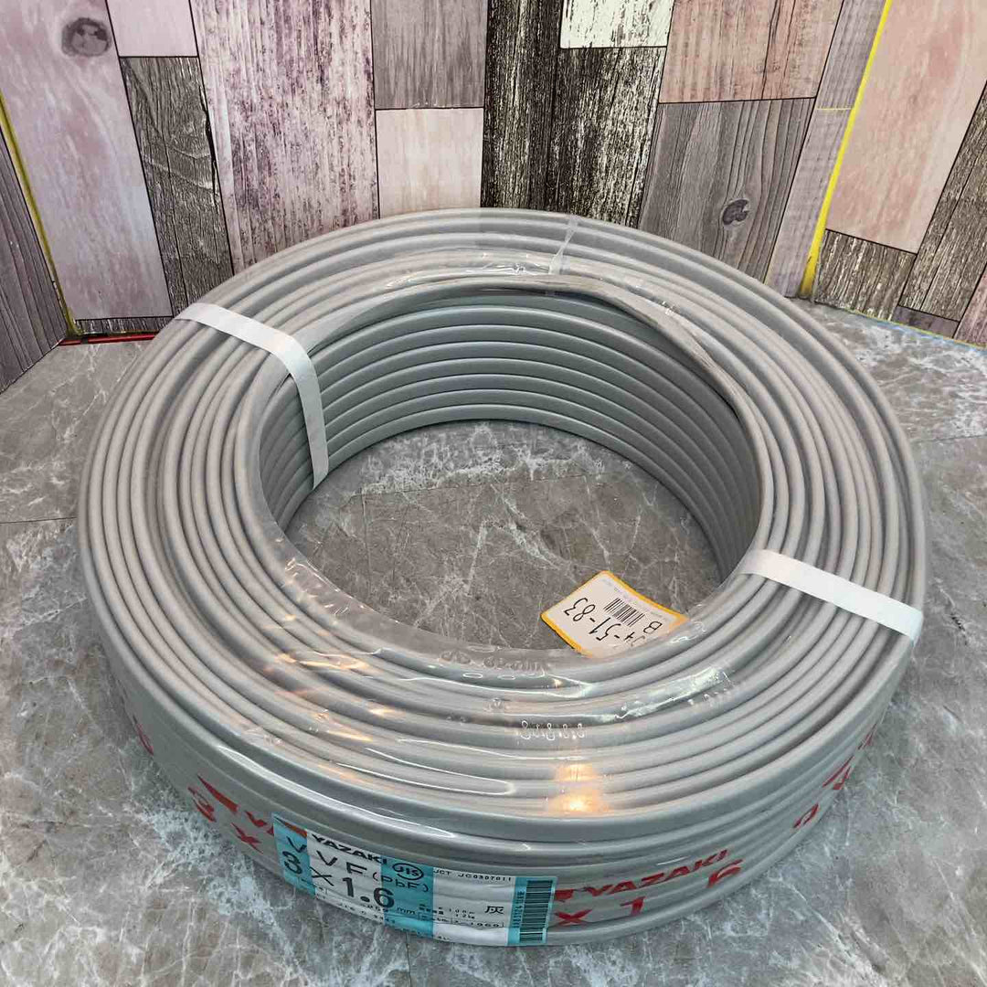 ◇矢崎 VVFケーブル 1.6mm×3芯 100m巻 (灰色) VVF1.6mm×3C×100m YAZAKI【八潮店】