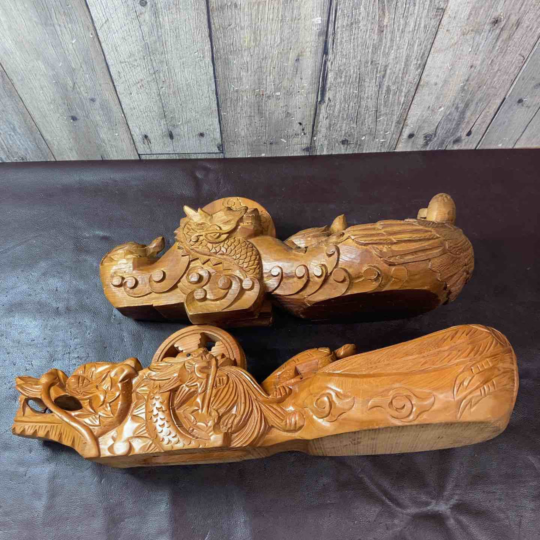【中古品】木彫り 龍亀鶴 墨つぼ 約600mm×約210mm 500mm×210mm 計2点【東大和店】